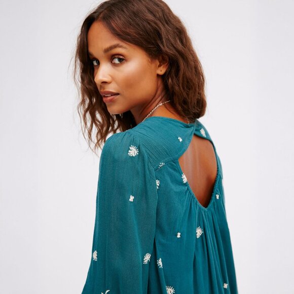 Free People | Sweet Tennessee Babydoll Long Sleeve Embroidered Dress in Teal | S - Picture 2 of 15